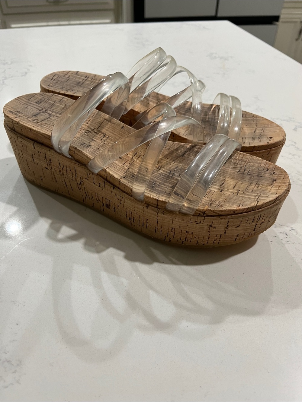 J/SLIDES Clear Strap Cork Platform Sandals - Transparent